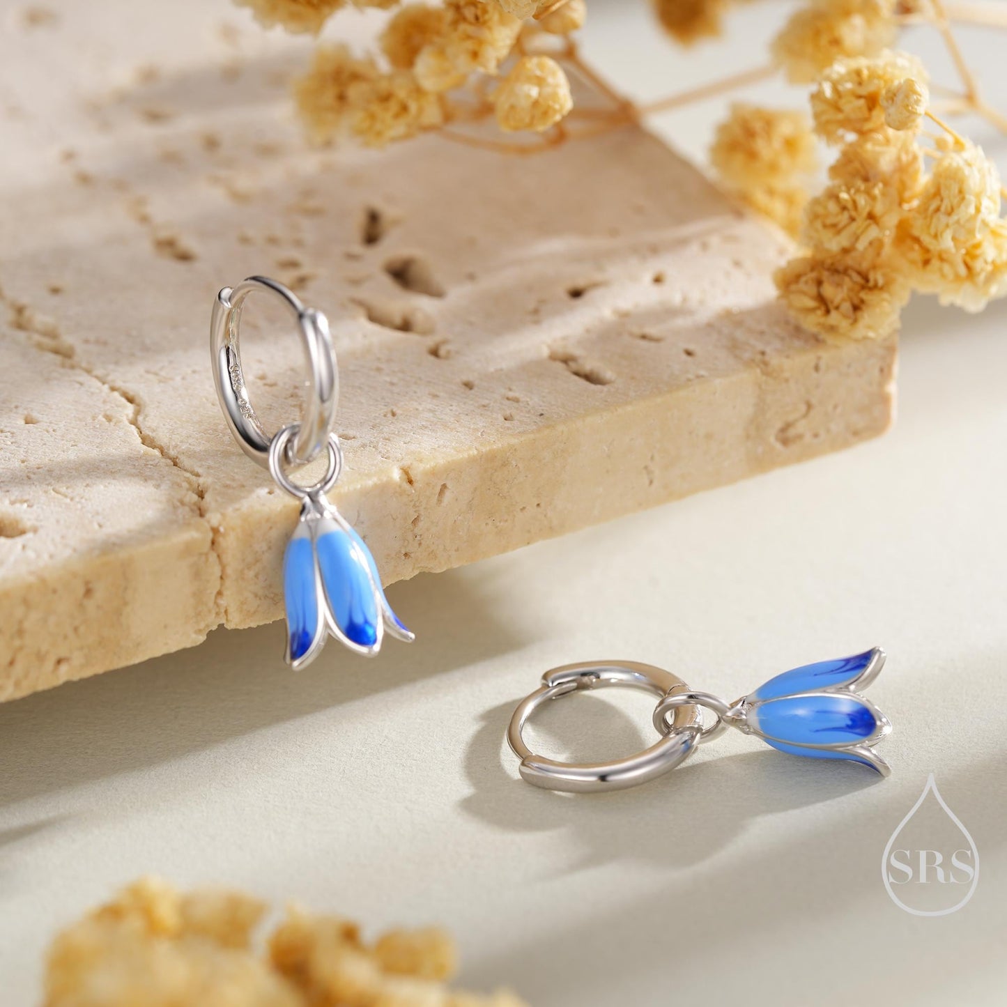 Sterling Silver Enamel Bluebell Flower Huggie Hoop Earrings, Dainty Dangle Bluebell Flower Hoop Earrings, Snowdrop Earrings, Spring Flowers
