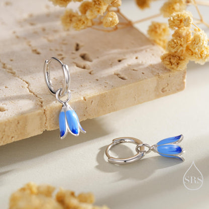 Sterling Silver Enamel Bluebell Flower Huggie Hoop Earrings, Dainty Dangle Bluebell Flower Hoop Earrings, Snowdrop Earrings, Spring Flowers