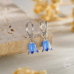 Sterling Silver Enamel Bluebell Flower Huggie Hoop Earrings, Dainty Dangle Bluebell Flower Hoop Earrings, Snowdrop Earrings, Spring Flowers