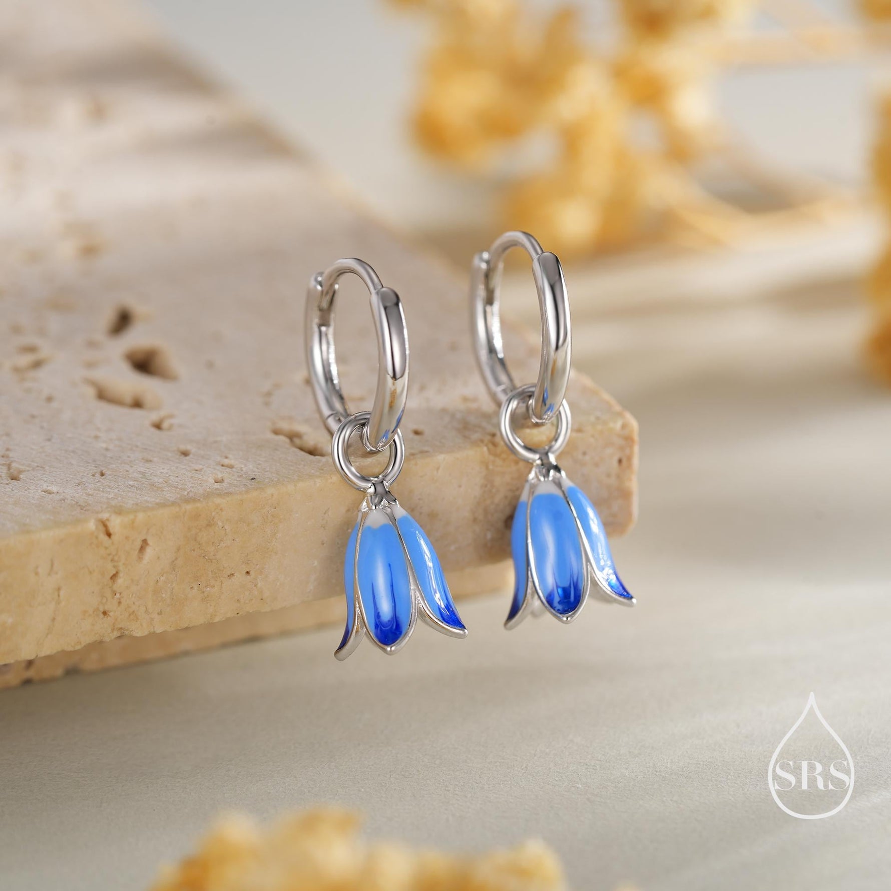 Sterling Silver Enamel Bluebell Flower Huggie Hoop Earrings, Dainty Dangle Bluebell Flower Hoop Earrings, Snowdrop Earrings, Spring Flowers