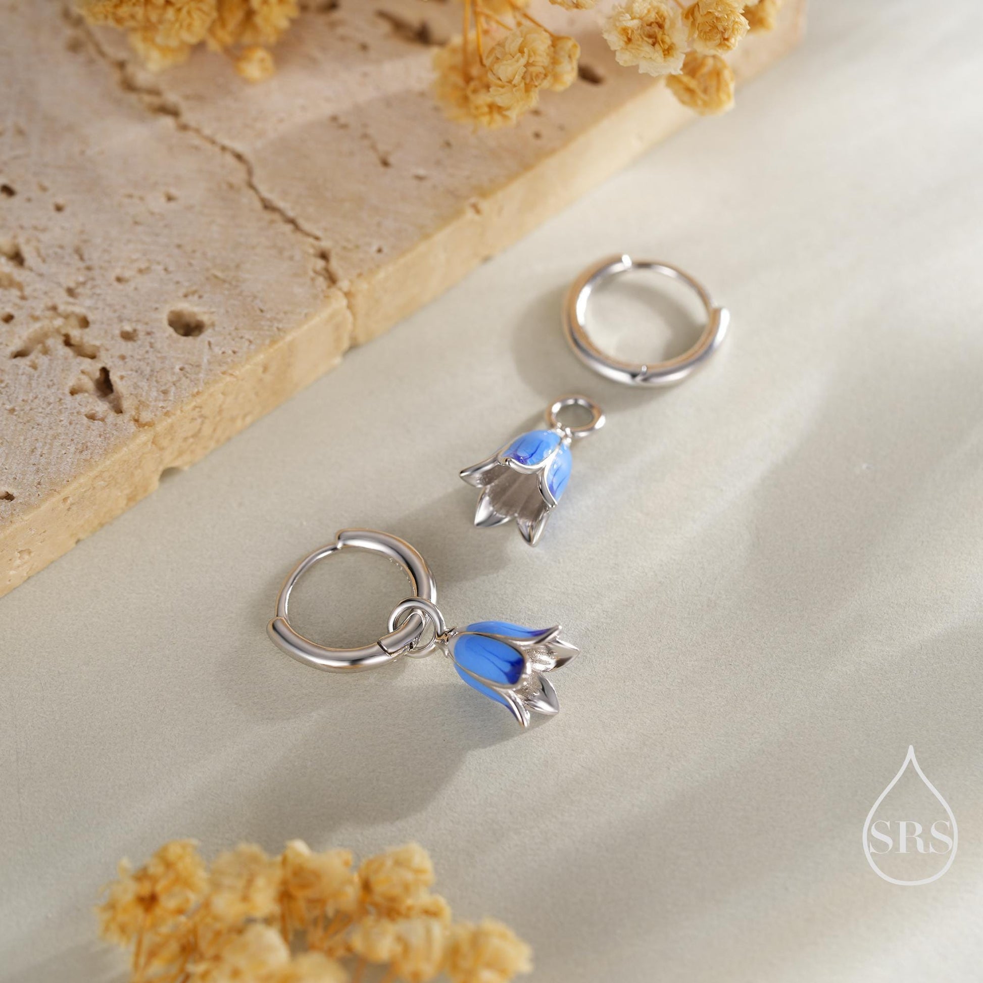 Sterling Silver Enamel Bluebell Flower Huggie Hoop Earrings, Dainty Dangle Bluebell Flower Hoop Earrings, Snowdrop Earrings, Spring Flowers