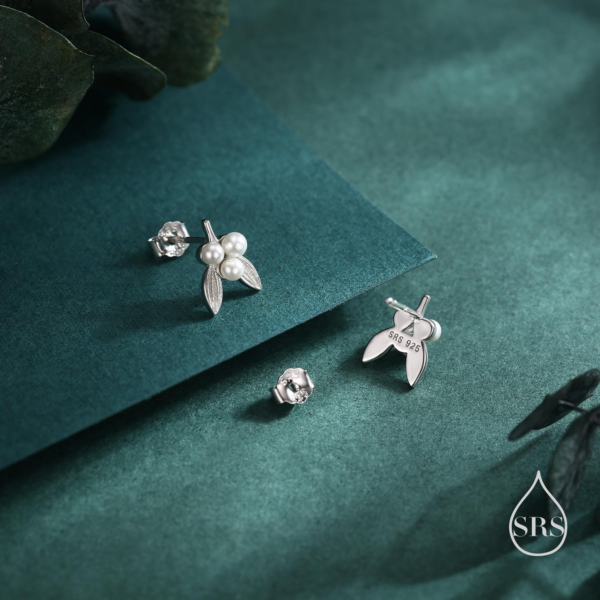 Tiny Mistletoe Stud Earrings in Sterling Silver, Silver or Gold or Rose Gold, Christmas Earrings