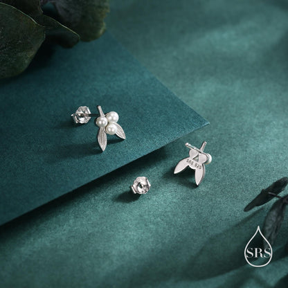 Tiny Mistletoe Stud Earrings in Sterling Silver, Silver or Gold or Rose Gold, Christmas Earrings