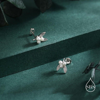 Tiny Mistletoe Stud Earrings in Sterling Silver, Silver or Gold or Rose Gold, Christmas Earrings