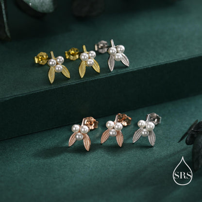 Tiny Mistletoe Stud Earrings in Sterling Silver, Silver or Gold or Rose Gold, Christmas Earrings