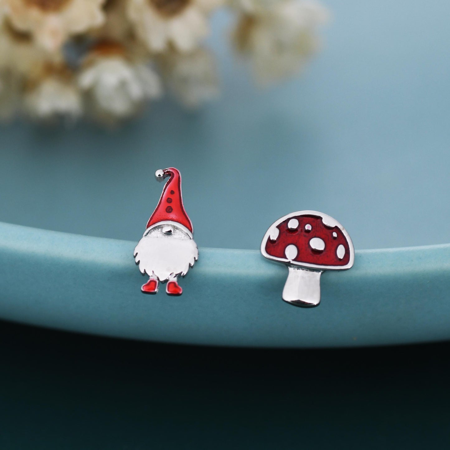 Mismatched Gnome and Mushroom Stud Earrings in Sterling Silver with Hand Painted Enamel, Winter Earrings, Christmas Earrings