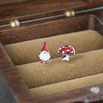 Mismatched Gnome and Mushroom Stud Earrings in Sterling Silver with Hand Painted Enamel, Winter Earrings, Christmas Earrings