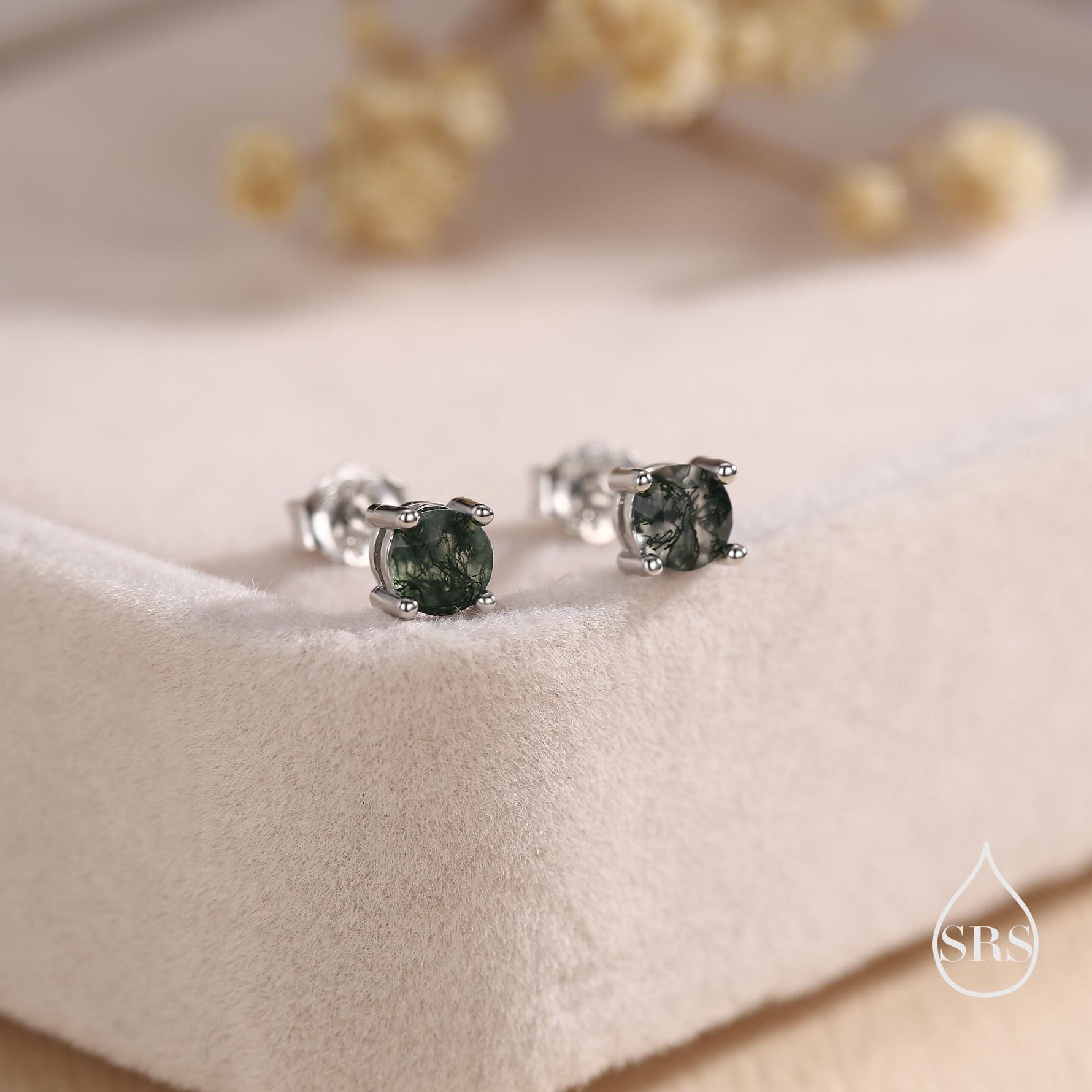Sterling Silver Natural Moss Agate Stud Earrings, 3mm 4mm and 5mm, Genuine Moss Agate Gemstone Stud, Minimalist Style