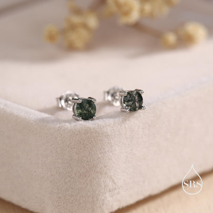 Sterling Silver Natural Moss Agate Stud Earrings, 3mm 4mm and 5mm, Genuine Moss Agate Gemstone Stud, Minimalist Style
