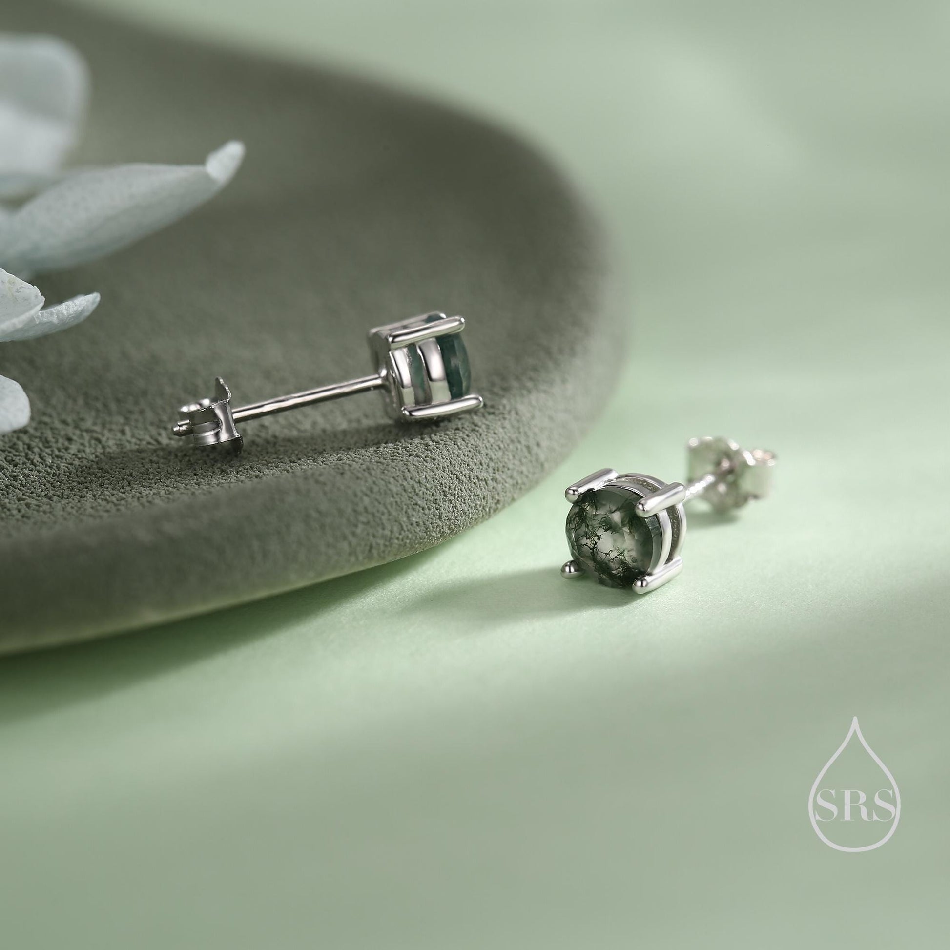 Sterling Silver Natural Moss Agate Stud Earrings, 3mm 4mm and 5mm, Genuine Moss Agate Gemstone Stud, Minimalist Style