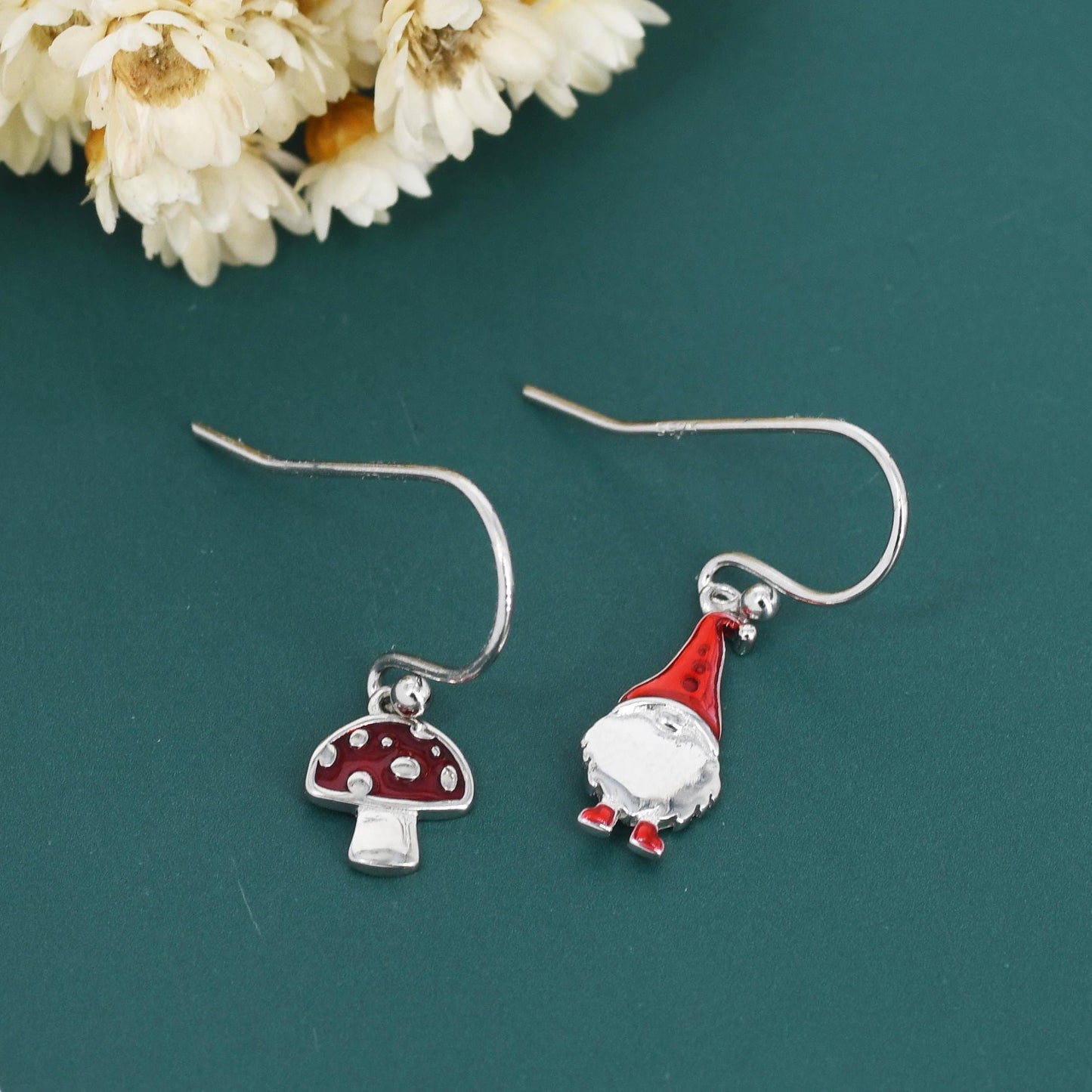 Mismatched Gnome and Mushroom Drop Hook Earrings in Sterling Silver with Hand Painted Enamel, Winter Earrings, Autumn Earrings