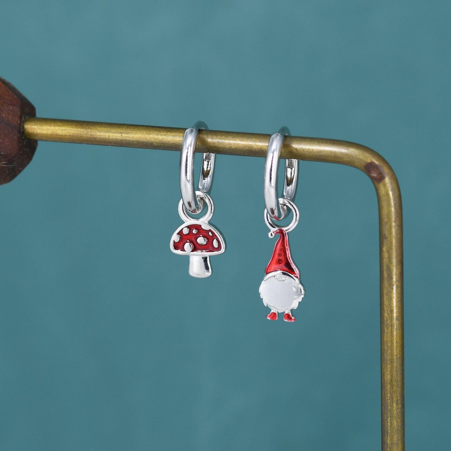 Mismatched Gnome and Mushroom Huggie Hoop Earrings in Sterling Silver with Hand Painted Enamel, Winter Earrings, Christmas Earrings