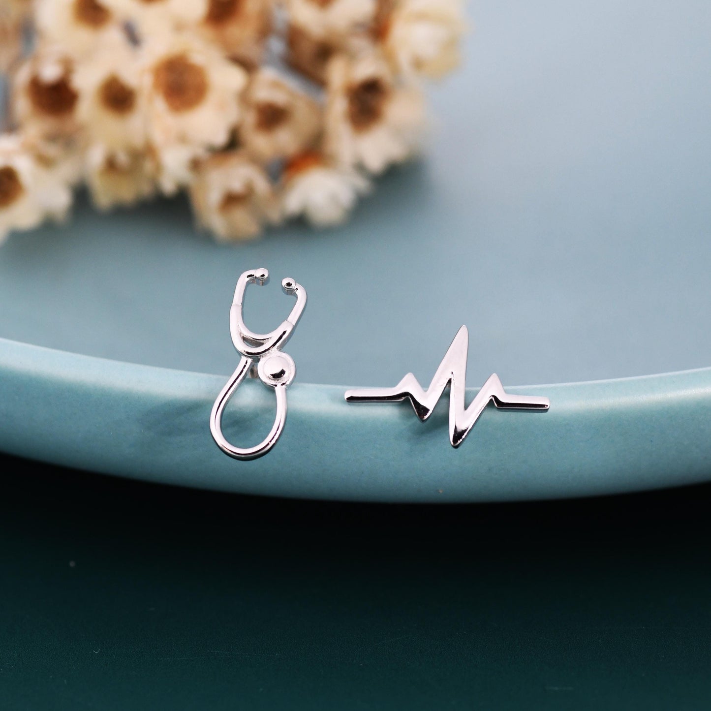 Mismatched Stethoscope and Heartbeat Stud Earrings in Sterling Silver, Available in Silver, Gold or Rose Gold Finish