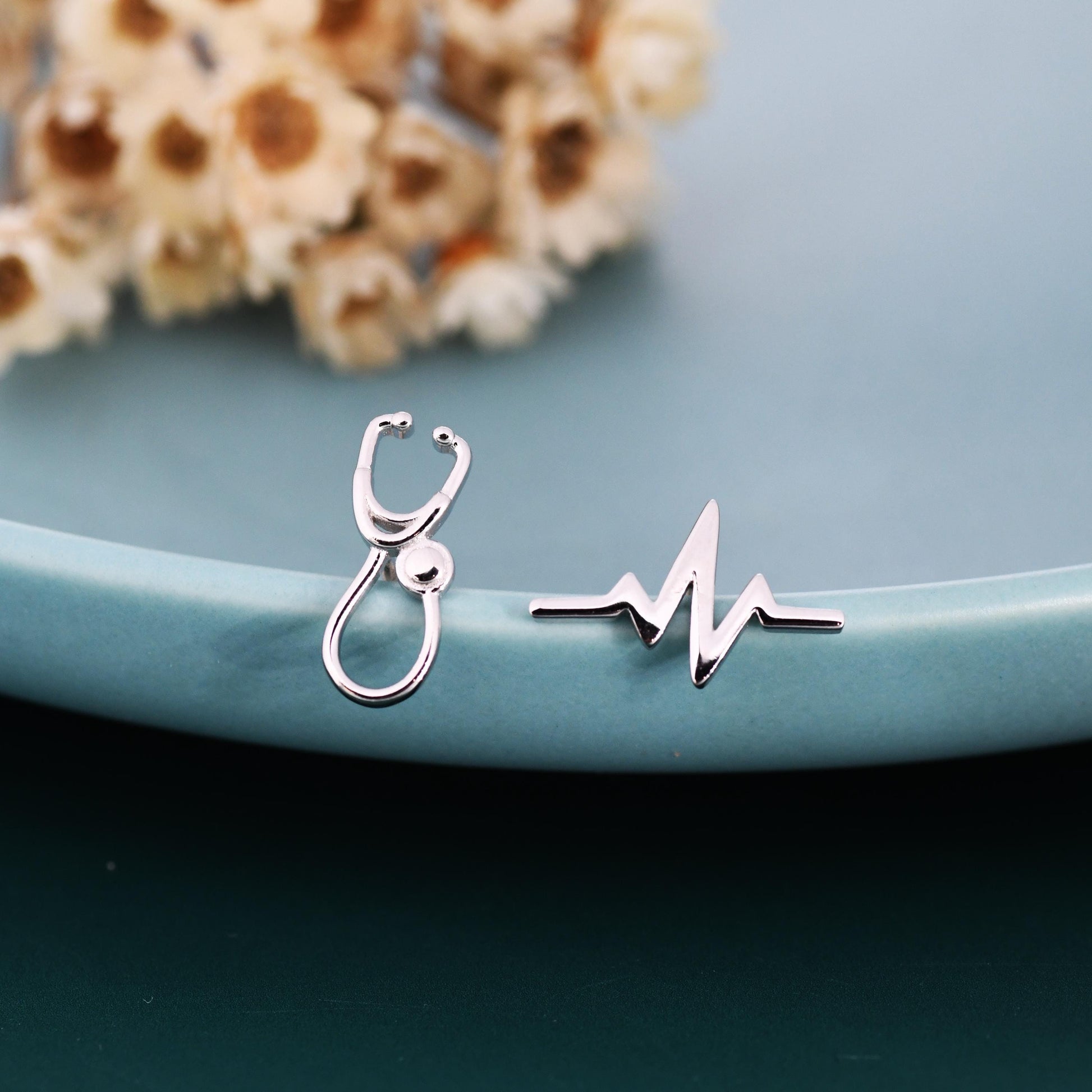 Mismatched Stethoscope and Heartbeat Stud Earrings in Sterling Silver, Available in Silver, Gold or Rose Gold Finish
