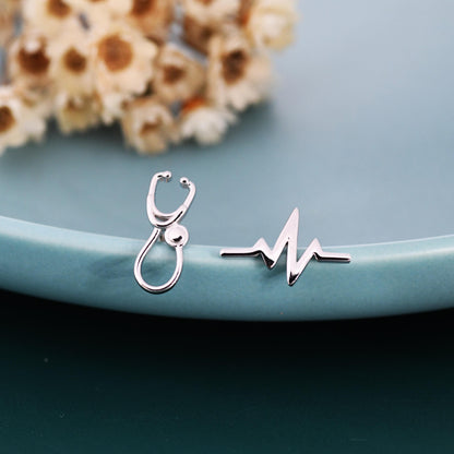Mismatched Stethoscope and Heartbeat Stud Earrings in Sterling Silver, Available in Silver, Gold or Rose Gold Finish