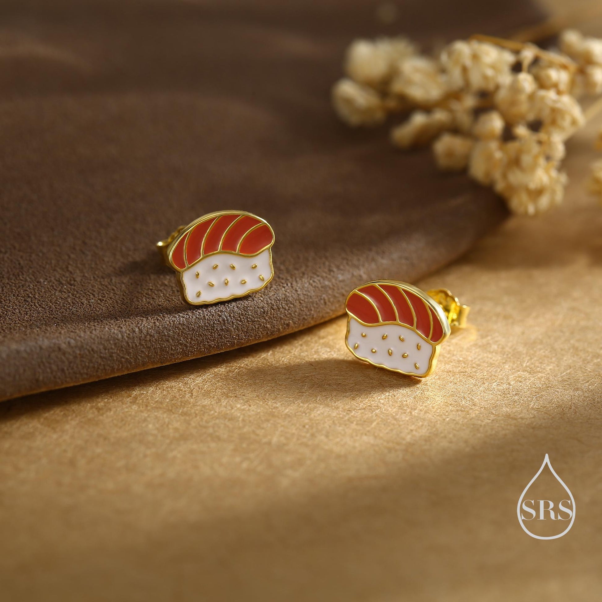 Salmon Sushi Stud Earrings in Sterling Silver - Silver or Gold Finish - Enamel Food Jewellery, Salmon Earrings, Japanese Food Earrings
