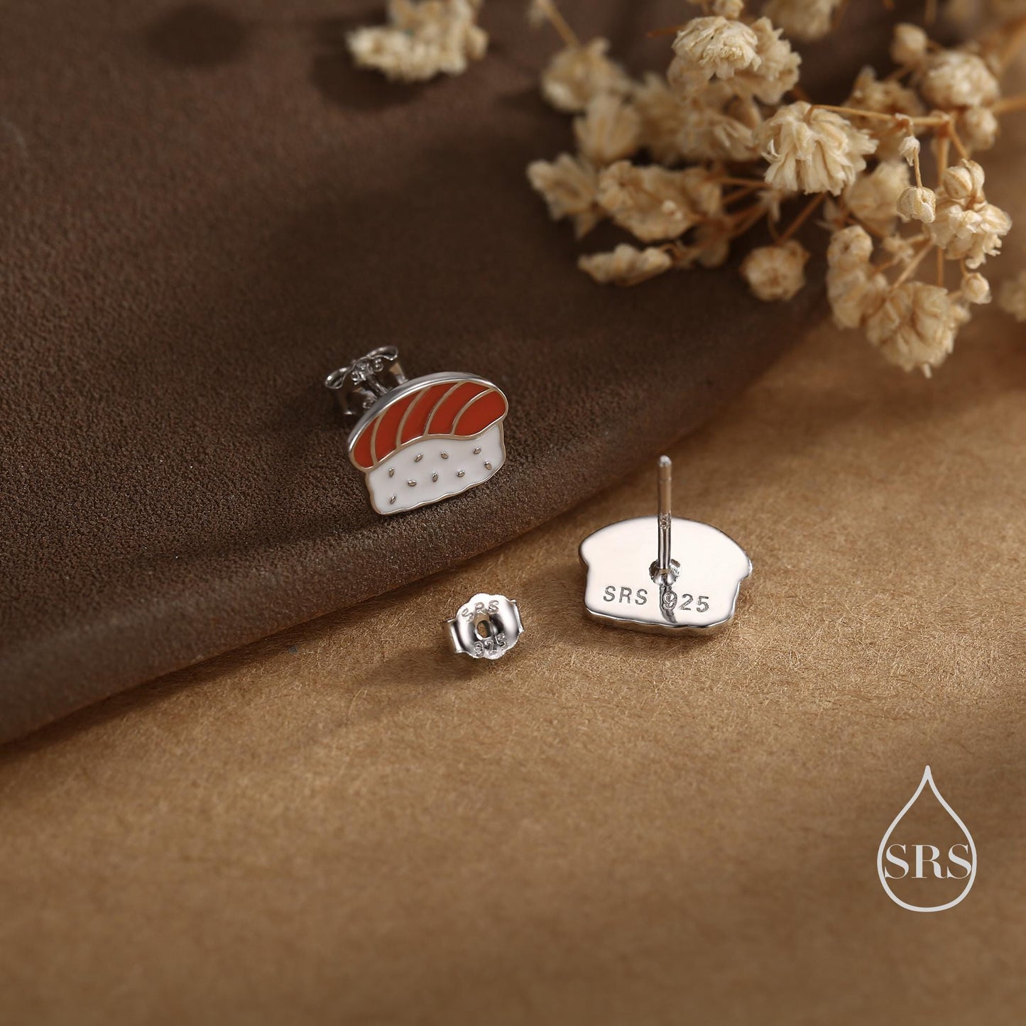 Salmon Sushi Stud Earrings in Sterling Silver - Silver or Gold Finish - Enamel Food Jewellery, Salmon Earrings, Japanese Food Earrings