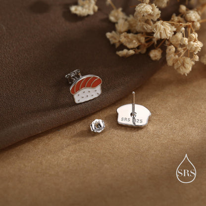 Salmon Sushi Stud Earrings in Sterling Silver - Silver or Gold Finish - Enamel Food Jewellery, Salmon Earrings, Japanese Food Earrings