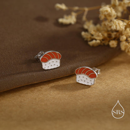 Salmon Sushi Stud Earrings in Sterling Silver - Silver or Gold Finish - Enamel Food Jewellery, Salmon Earrings, Japanese Food Earrings