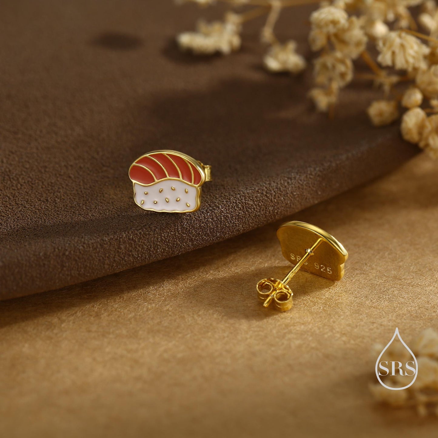 Salmon Sushi Stud Earrings in Sterling Silver - Silver or Gold Finish - Enamel Food Jewellery, Salmon Earrings, Japanese Food Earrings