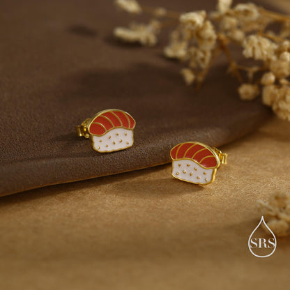 Salmon Sushi Stud Earrings in Sterling Silver - Silver or Gold Finish - Enamel Food Jewellery, Salmon Earrings, Japanese Food Earrings