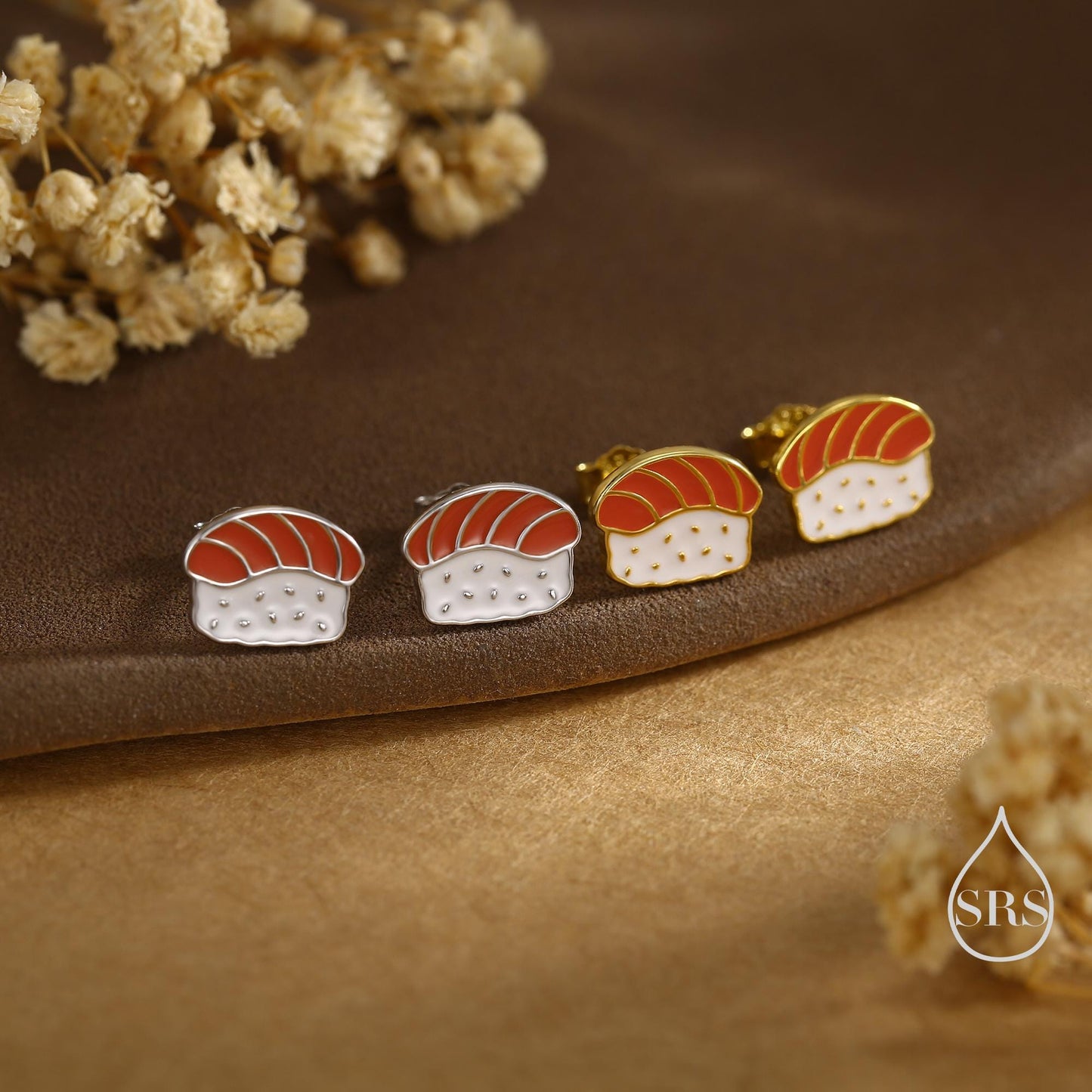 Salmon Sushi Stud Earrings in Sterling Silver - Silver or Gold Finish - Enamel Food Jewellery, Salmon Earrings, Japanese Food Earrings