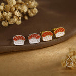 Salmon Sushi Stud Earrings in Sterling Silver - Silver or Gold Finish - Enamel Food Jewellery, Salmon Earrings, Japanese Food Earrings