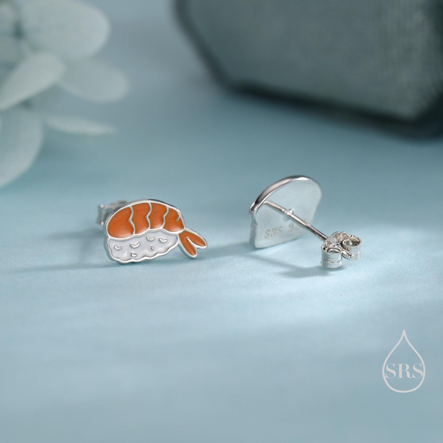 Mismatched Salmon and Prawn Sushi Stud Earrings in Sterling Silver - Silver or Gold Finish - Enamel Japanese Food Jewellery, Salmon Earrings