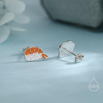 Mismatched Salmon and Prawn Sushi Stud Earrings in Sterling Silver - Silver or Gold Finish - Enamel Japanese Food Jewellery, Salmon Earrings