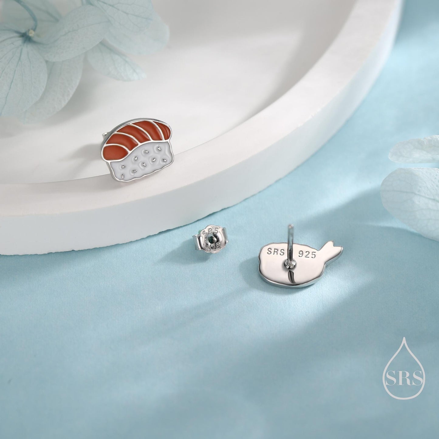 Mismatched Salmon and Prawn Sushi Stud Earrings in Sterling Silver - Silver or Gold Finish - Enamel Japanese Food Jewellery, Salmon Earrings