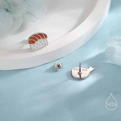Mismatched Salmon and Prawn Sushi Stud Earrings in Sterling Silver - Silver or Gold Finish - Enamel Japanese Food Jewellery, Salmon Earrings