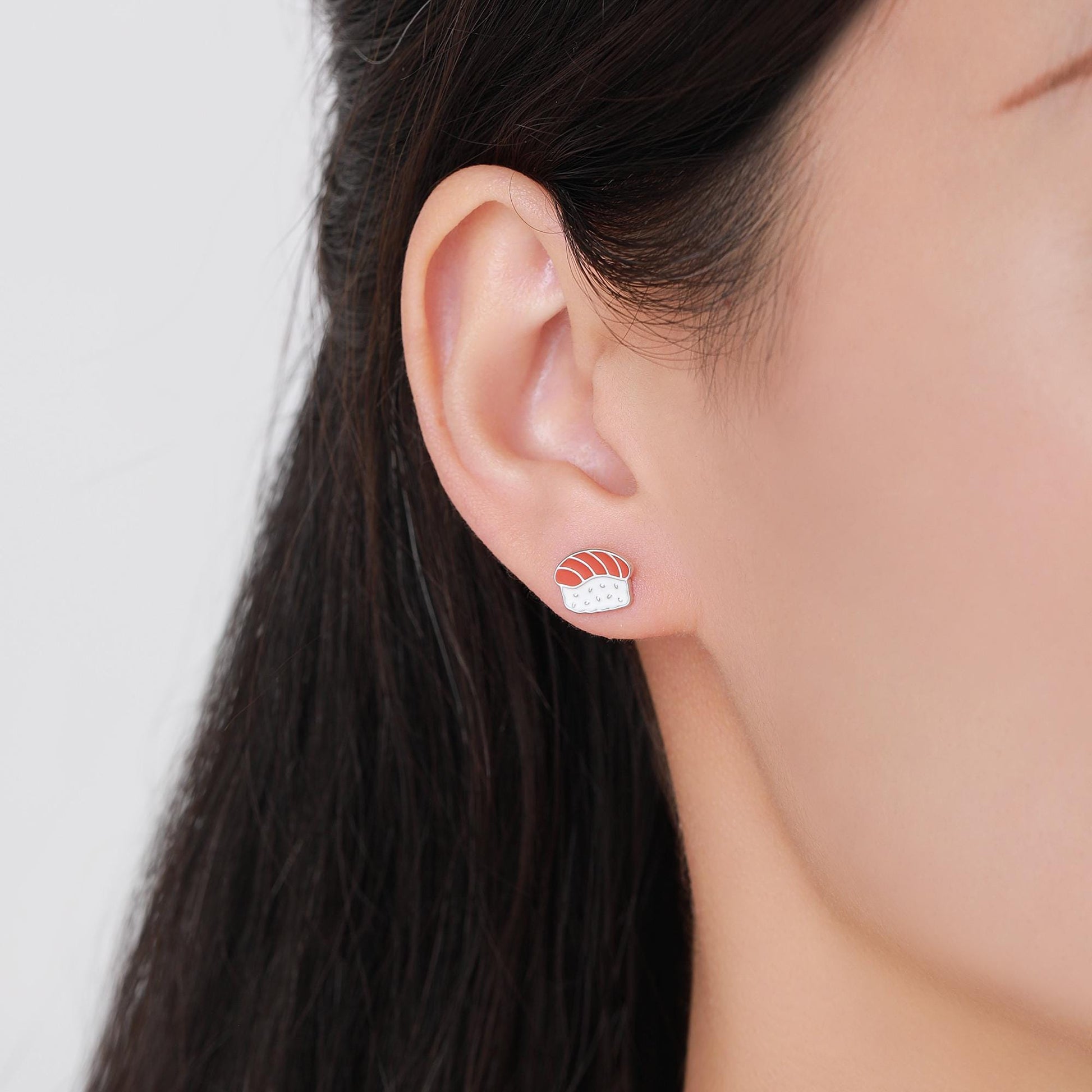 Mismatched Salmon and Prawn Sushi Stud Earrings in Sterling Silver - Silver or Gold Finish - Enamel Japanese Food Jewellery, Salmon Earrings