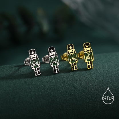 Sterling Silver Nutcracker Stud Earrings - Silver or Gold Finish - Enamel Nutcracker Style Earrings