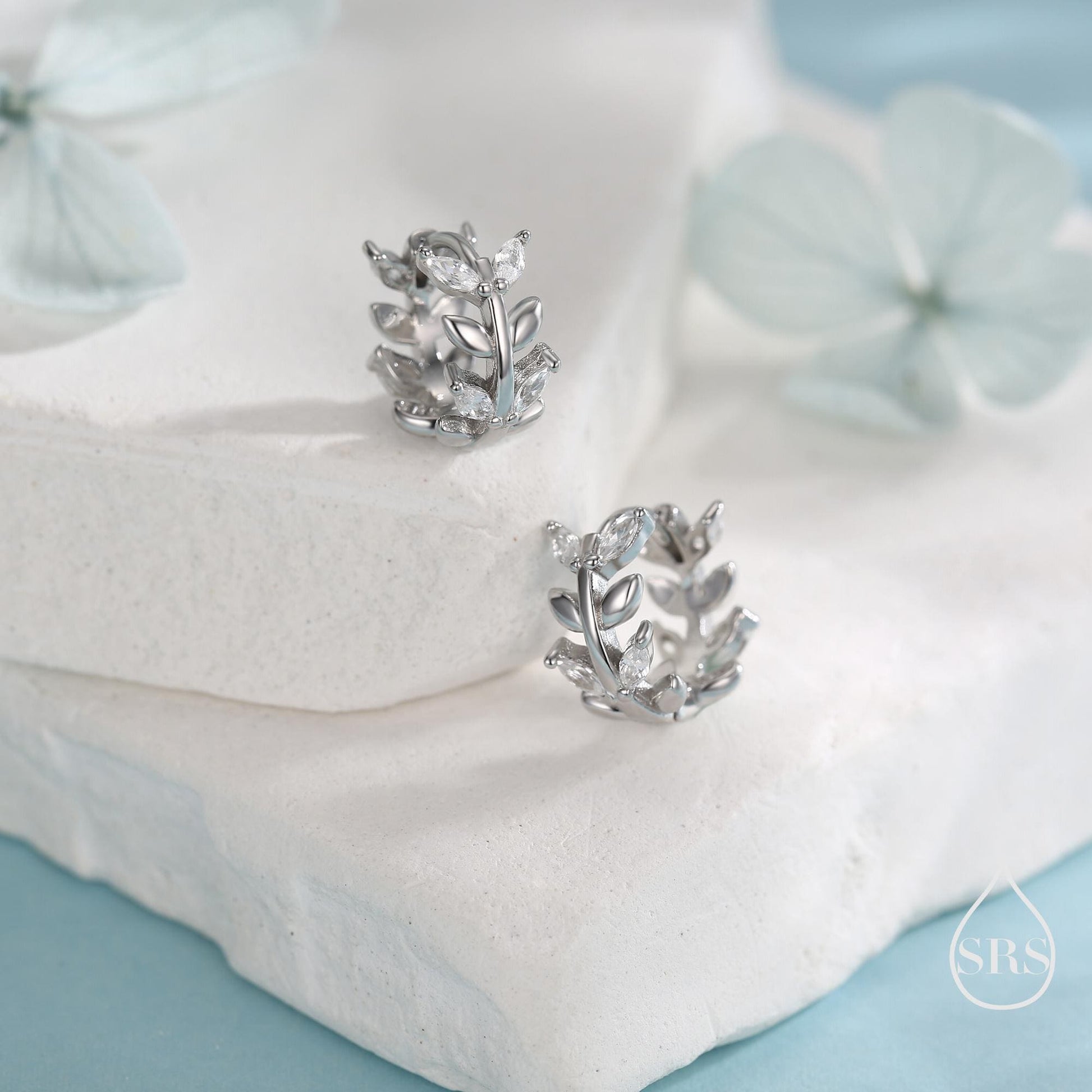 CZ Olive Leaf Huggie Hoop in Sterling Silver, Silver or Gold, 8mm Inner Diameter, Nature Inspired Earrings