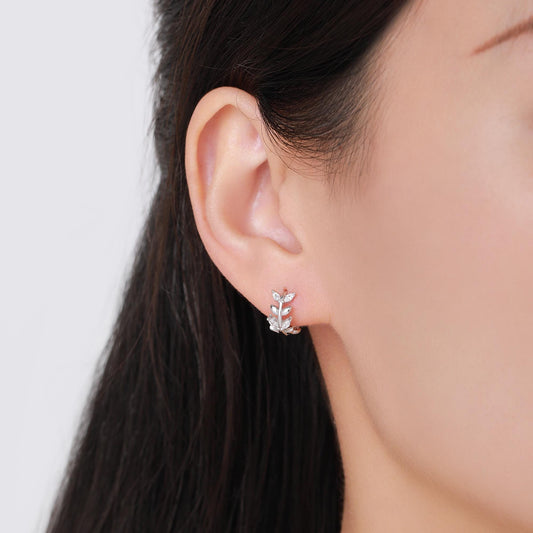 CZ Olive Leaf Huggie Hoop in Sterling Silver, Silver or Gold, 8mm Inner Diameter, Nature Inspired Earrings