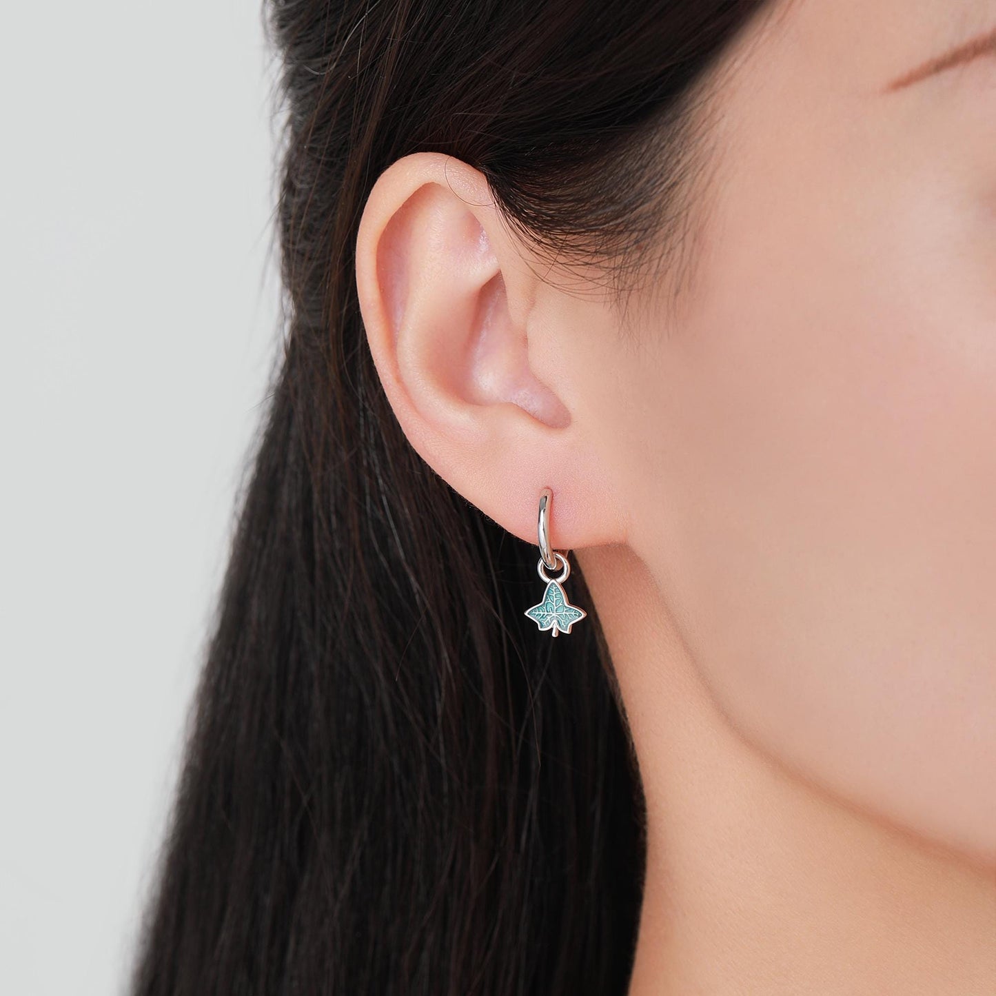 Enamel Ivy Leaf Huggie Hoop Earrings in Sterling Silver, Nature Inspired Leaf Earrings