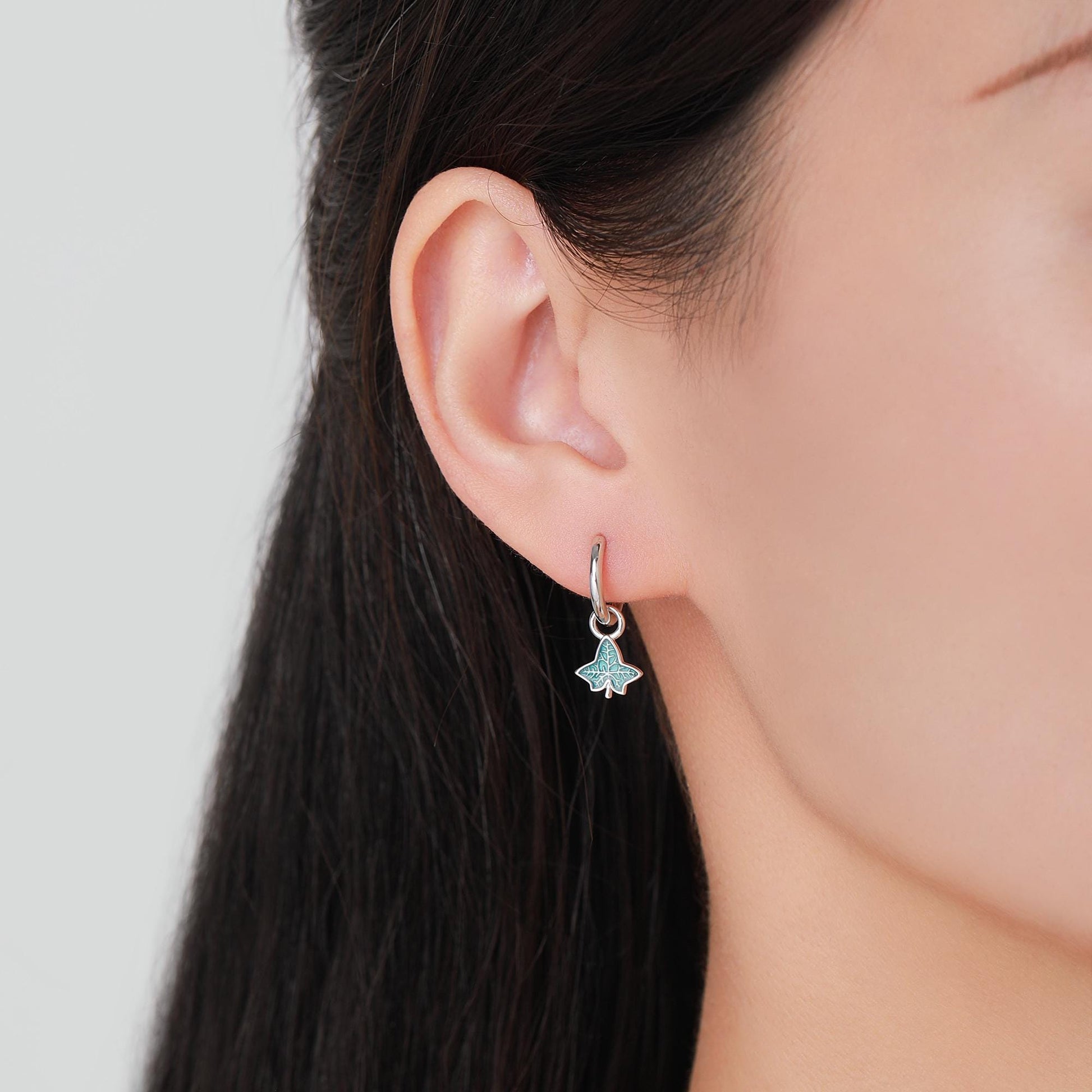 Enamel Ivy Leaf Huggie Hoop Earrings in Sterling Silver, Nature Inspired Leaf Earrings