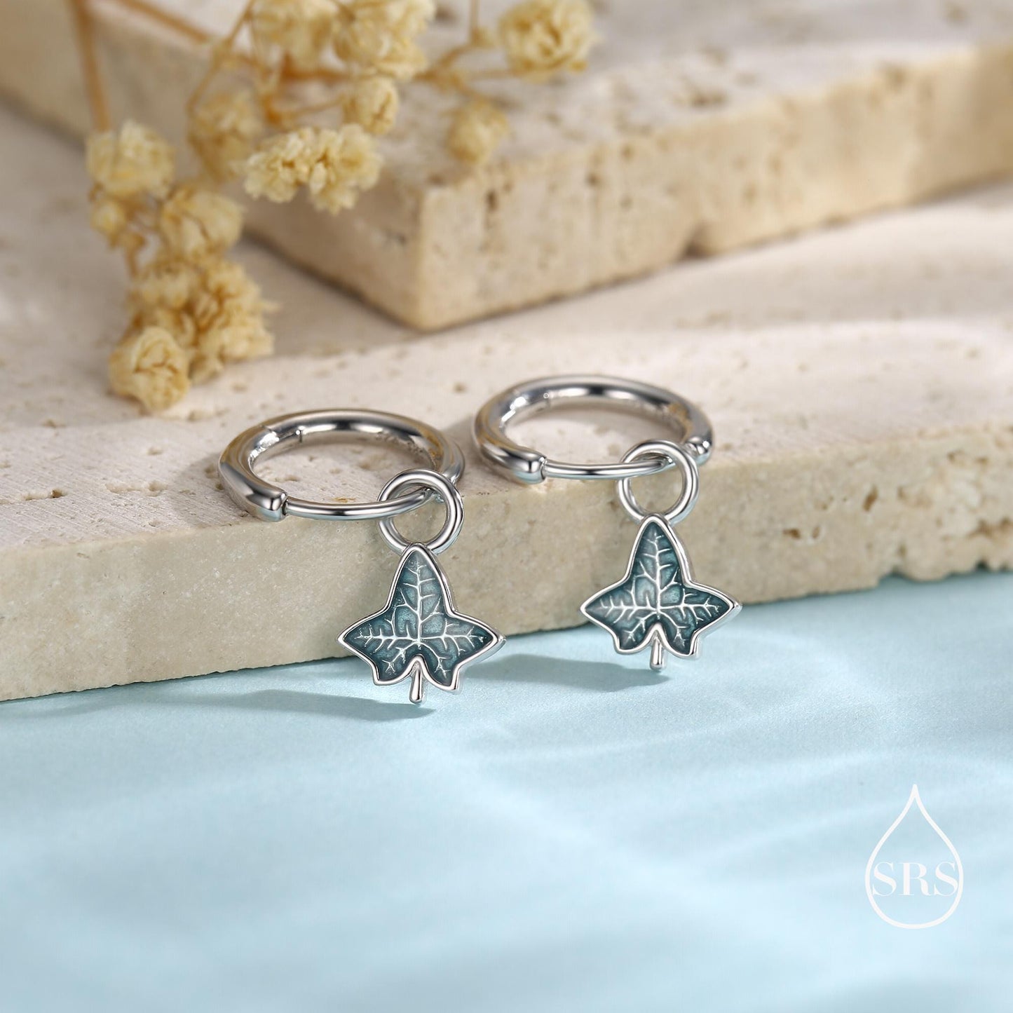 Enamel Ivy Leaf Huggie Hoop Earrings in Sterling Silver, Nature Inspired Leaf Earrings