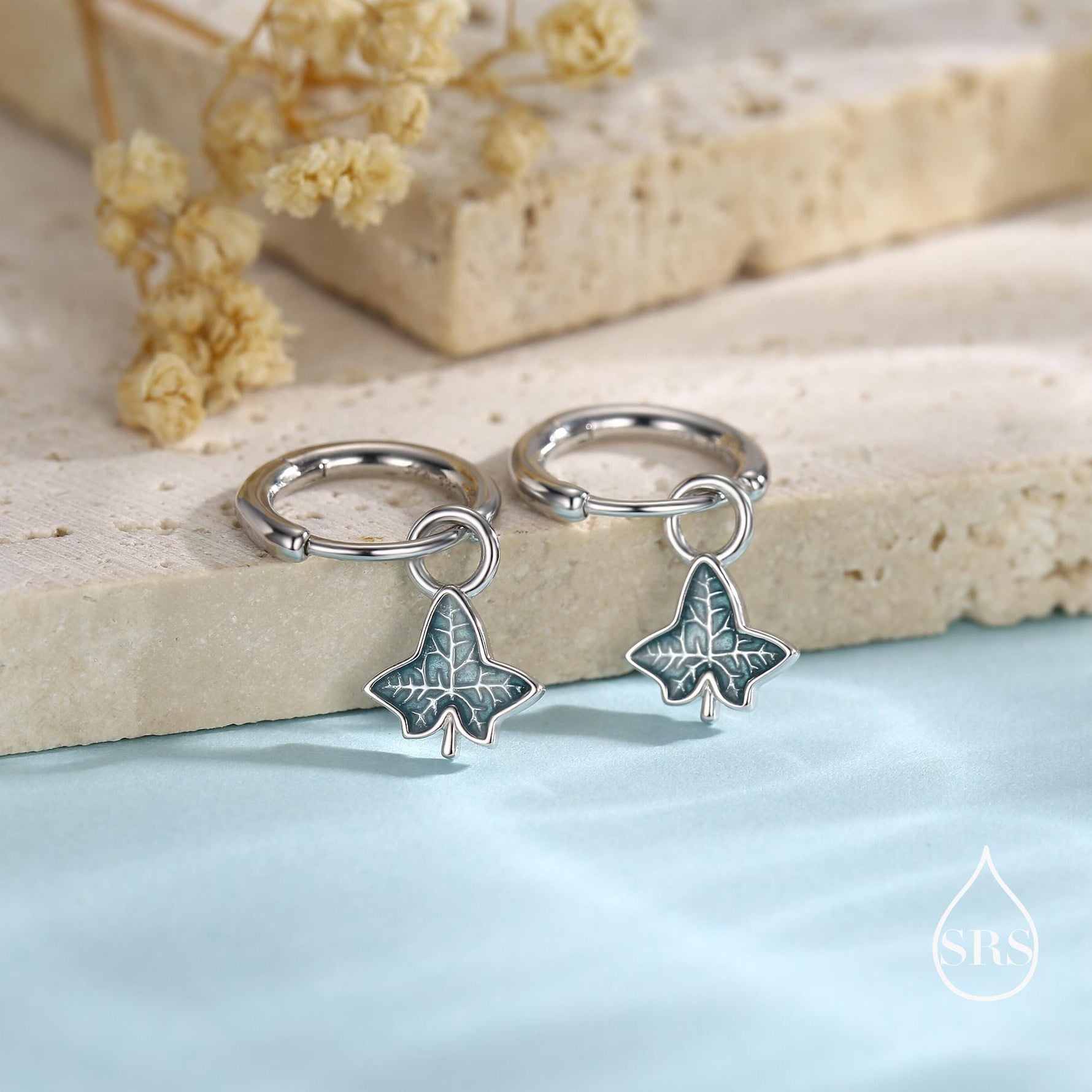 Enamel Ivy Leaf Huggie Hoop Earrings in Sterling Silver, Nature Inspired Leaf Earrings