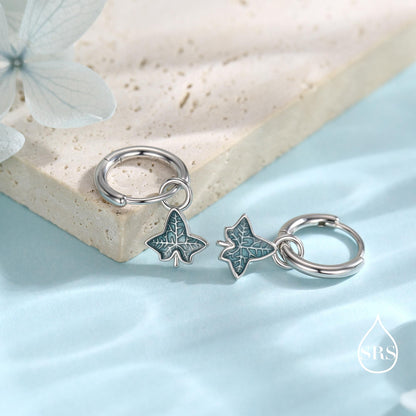 Enamel Ivy Leaf Huggie Hoop Earrings in Sterling Silver, Nature Inspired Leaf Earrings