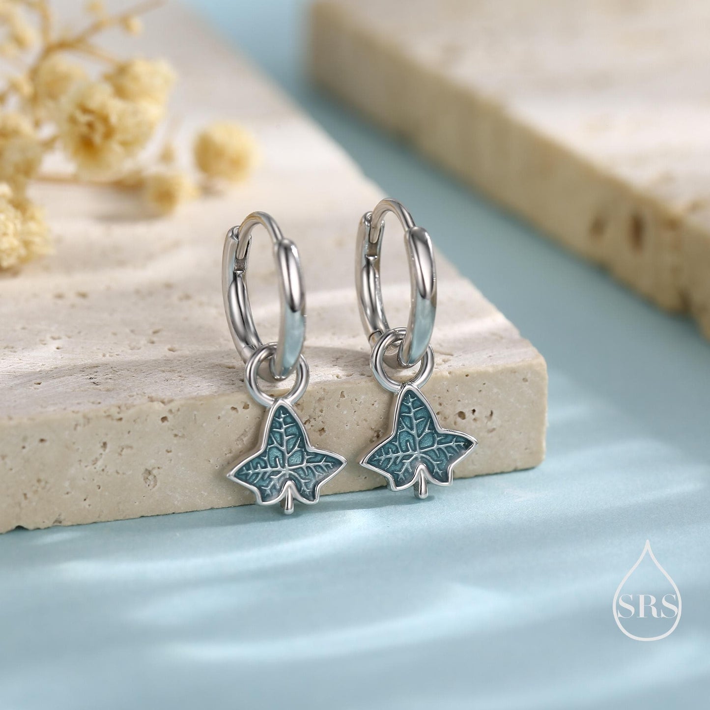 Enamel Ivy Leaf Huggie Hoop Earrings in Sterling Silver, Nature Inspired Leaf Earrings