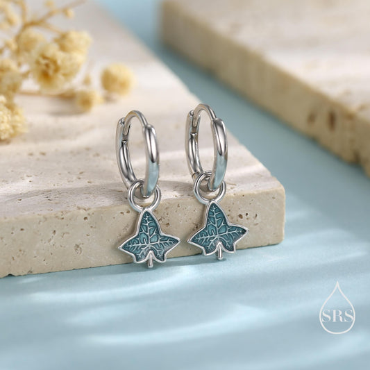 Enamel Ivy Leaf Huggie Hoop Earrings in Sterling Silver, Nature Inspired Leaf Earrings