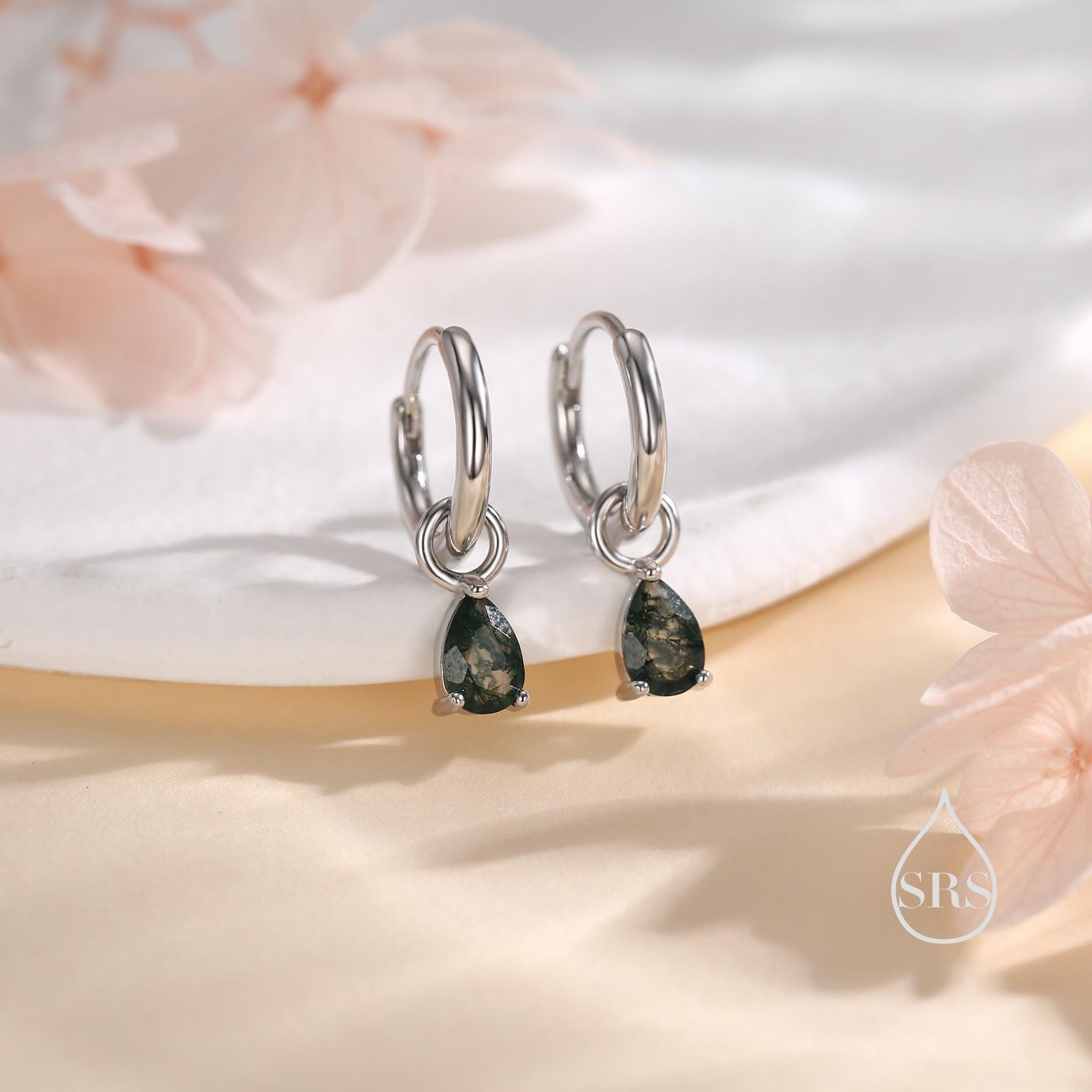 Moss Agate Droplet Huggie Hoop Earrings in Sterling Silver, Nature Inspired Droplet Earrings, Detachable and Interchangable Charms