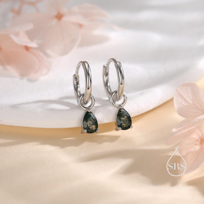 Moss Agate Droplet Huggie Hoop Earrings in Sterling Silver, Nature Inspired Droplet Earrings, Detachable and Interchangable Charms