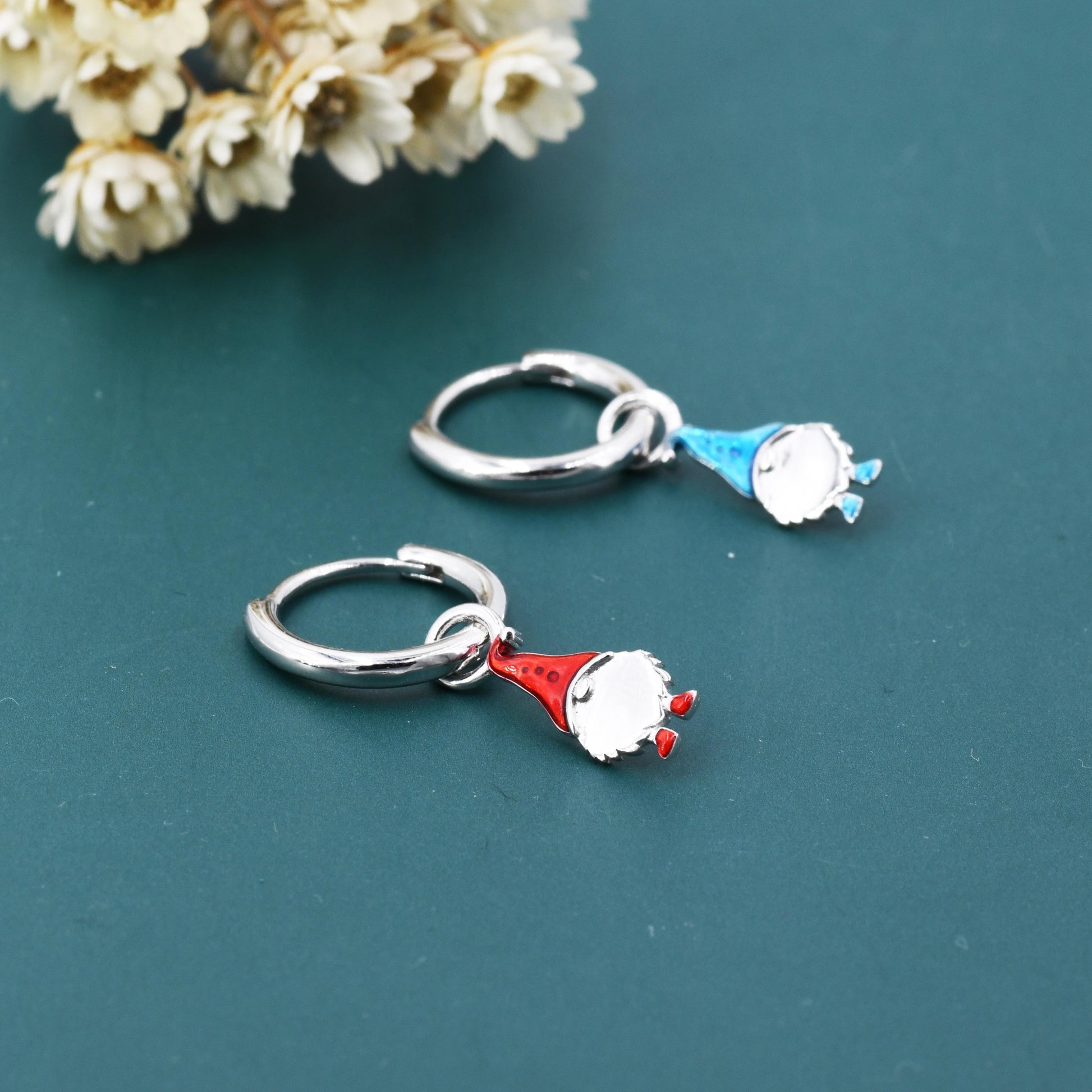 Mismatched Gnome Huggie Hoop Earrings in Sterling Silver with Hand Painted Enamel, Winter Earrings, Snowman Earrings, Christmas Earrings