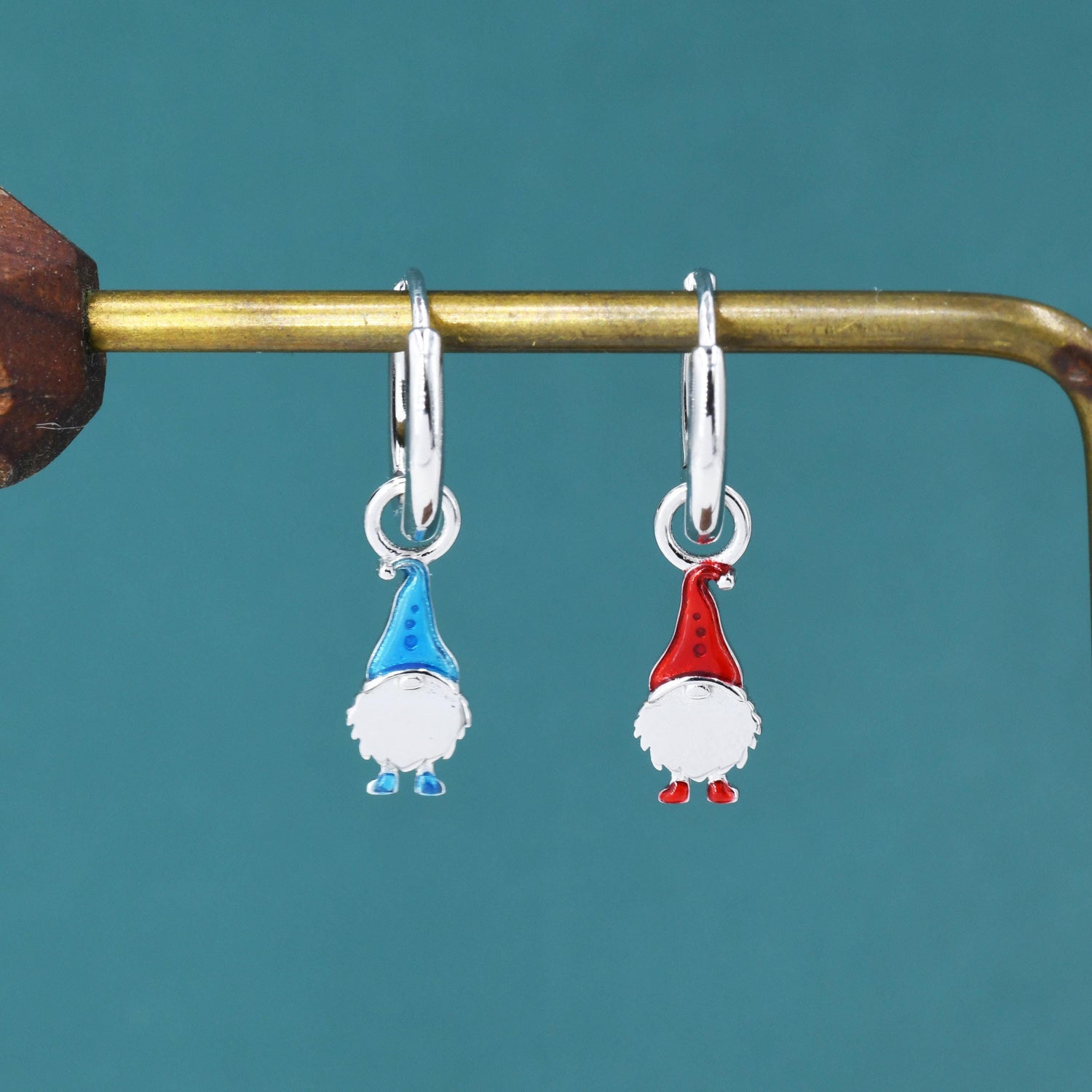 Mismatched Gnome Huggie Hoop Earrings in Sterling Silver with Hand Painted Enamel, Winter Earrings, Snowman Earrings, Christmas Earrings