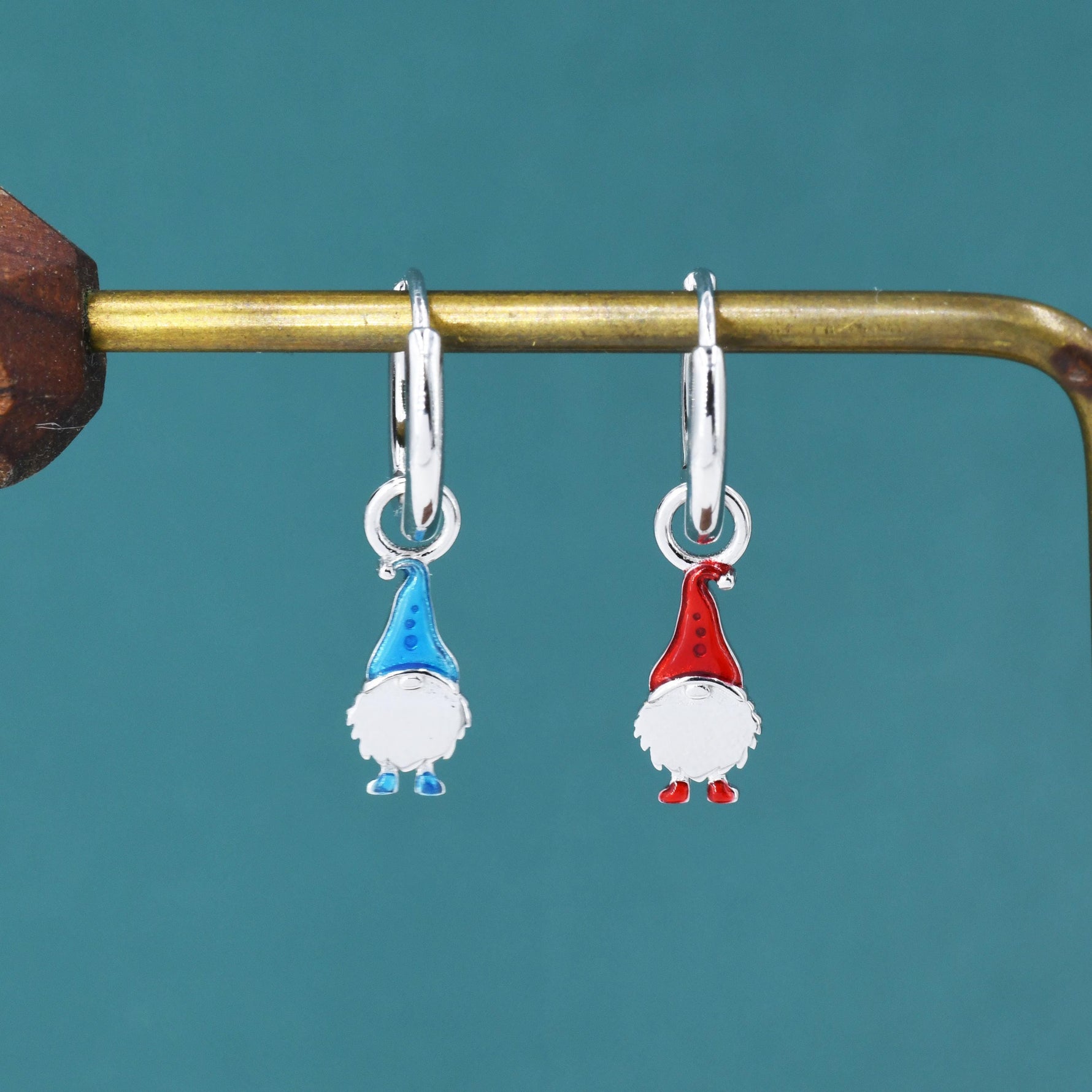 Mismatched Gnome Huggie Hoop Earrings in Sterling Silver with Hand Painted Enamel, Winter Earrings, Snowman Earrings, Christmas Earrings