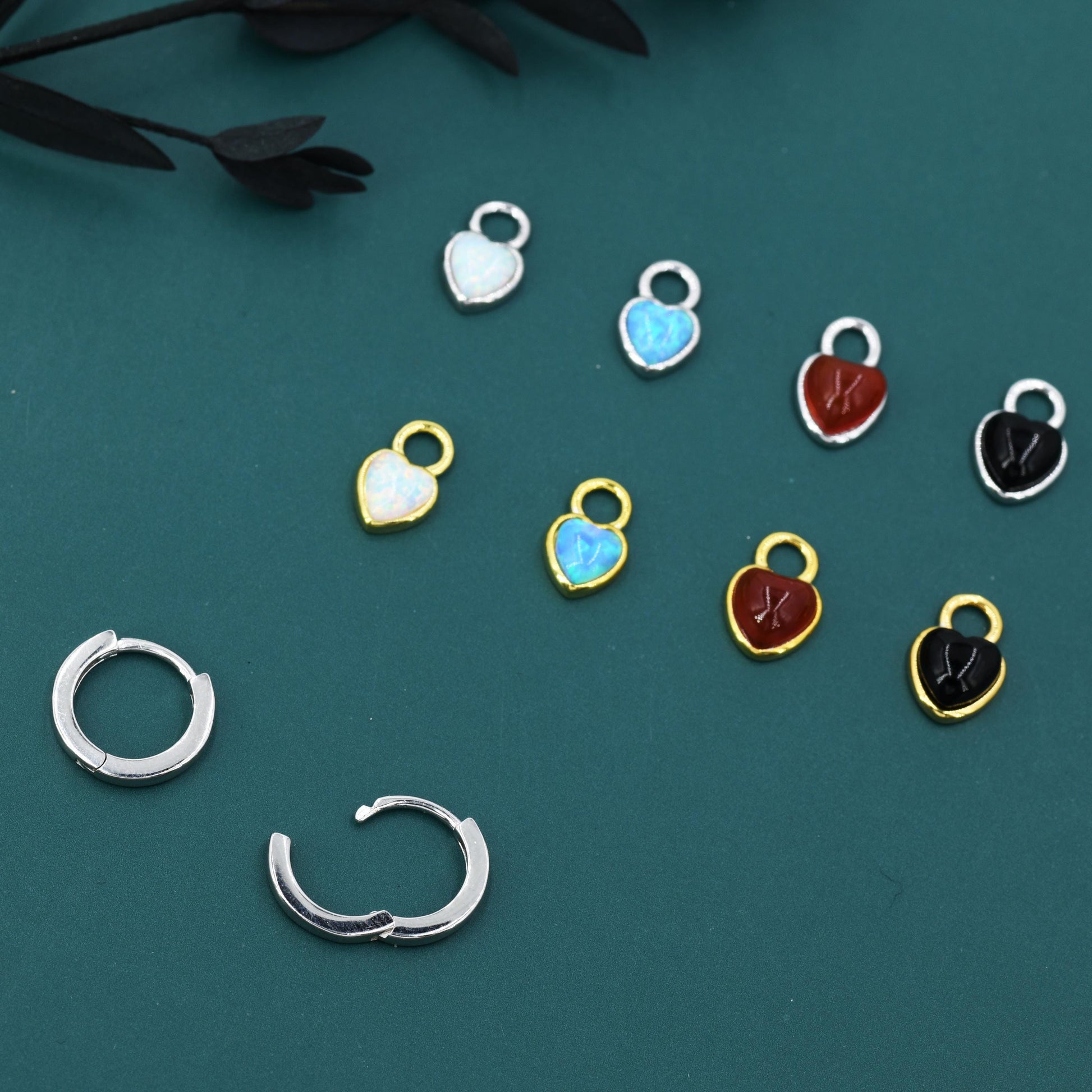 Opal/Onyx Heart Charms for Huggie Hoops, Detachable Genuine Onyx Heart Charms, Lab Created White/Blue Opal Charms for Hoops, Red/ Black Onyx