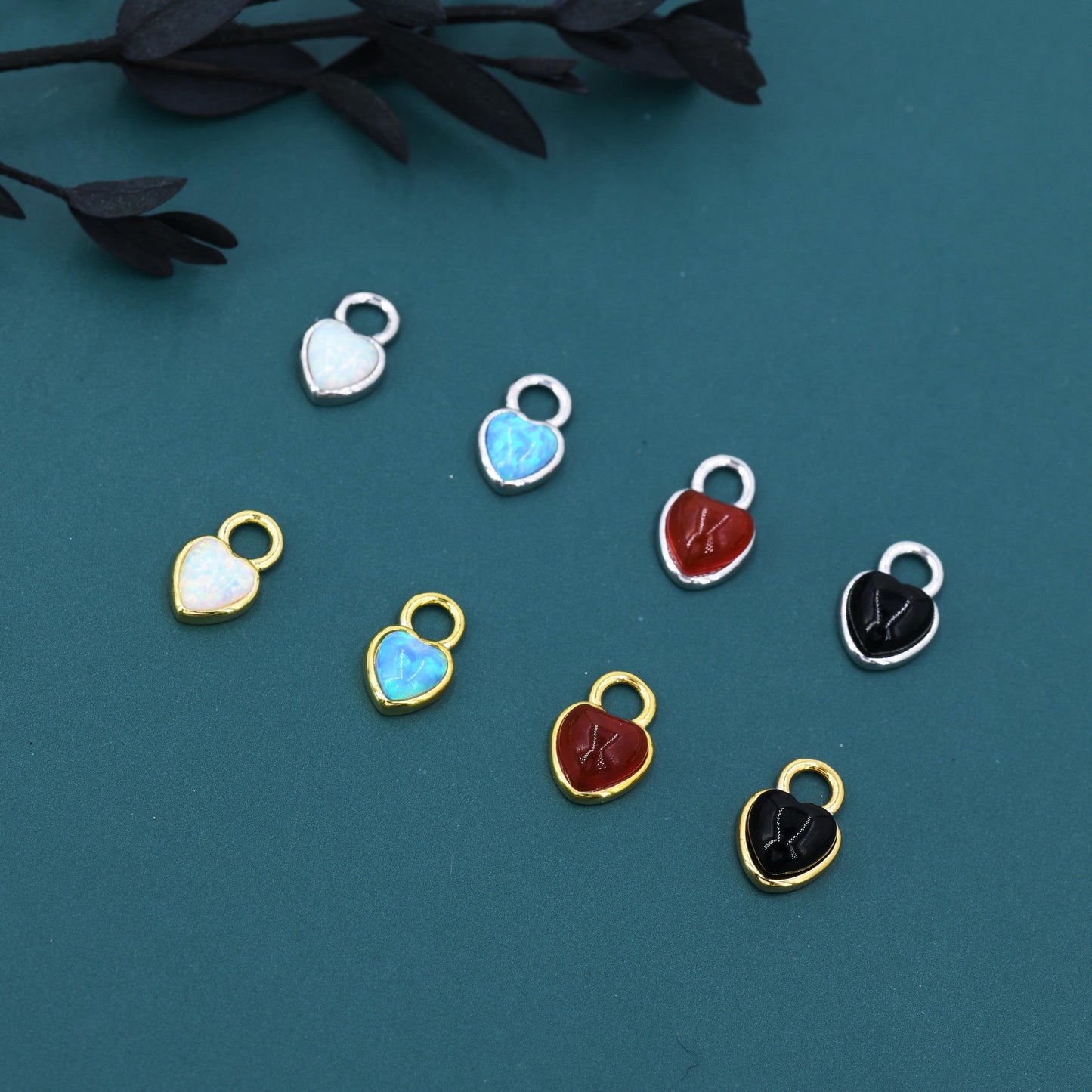 Moonstone/Opal/Onyx Heart Charms for Huggie Hoops, Detachable Heart Charms, Lab Created Moonstone/Opal Charms for Hoops, Red and Black Onyx