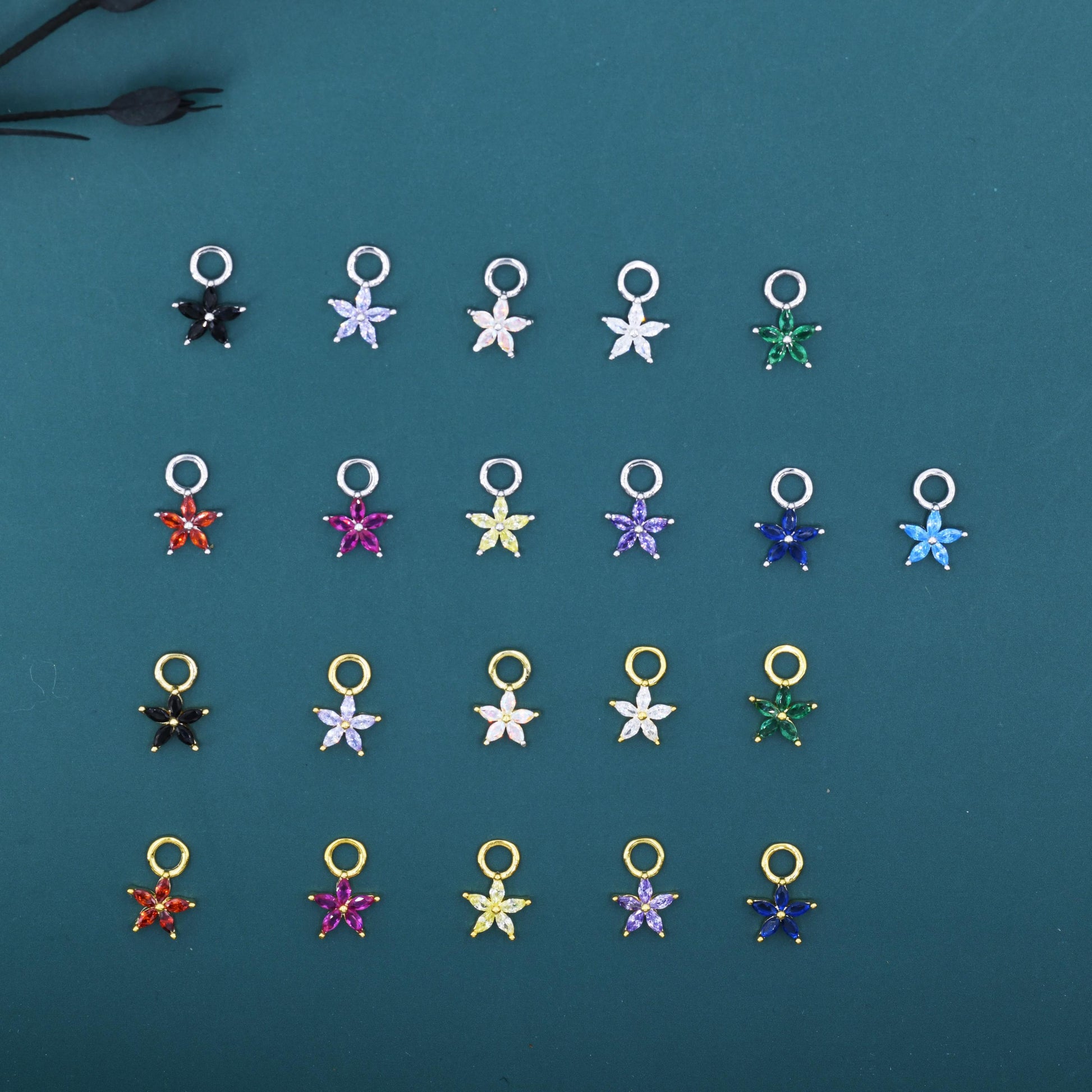 CZ Flower Charms for Huggie Hoops, Sterling Silver Crystal Flower Charms, Detachable Charms for Hoop Earrings, Silver or Gold Finish